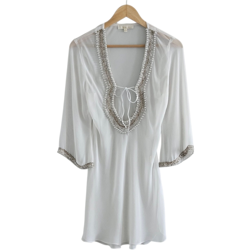 Solitaire Sheer Tunic Cover-Up Ethereal White Large Embellished Beach Resort